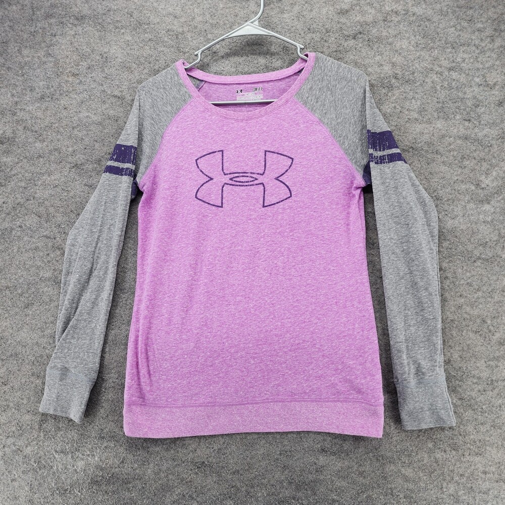 Under Armour Shirt Womens Small Purple Gray Raglan Semi Fitted Heatgear